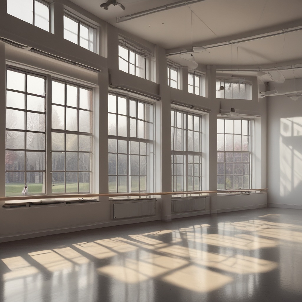 Elegant ballet classroom scene with large windows